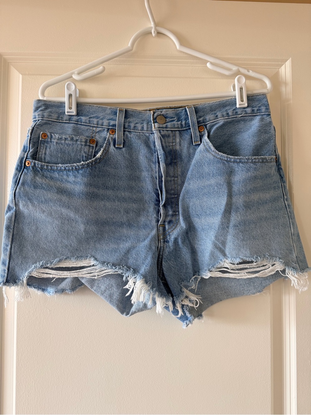 Levi's 501 Light Blue Distressed Denim Cutoff Shorts